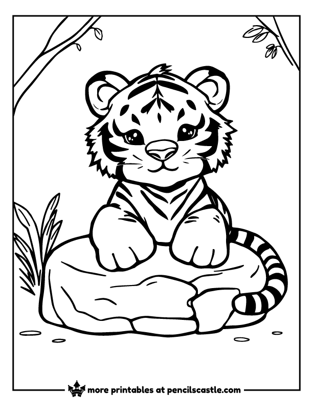 Tiger relaxing on a stone coloring page