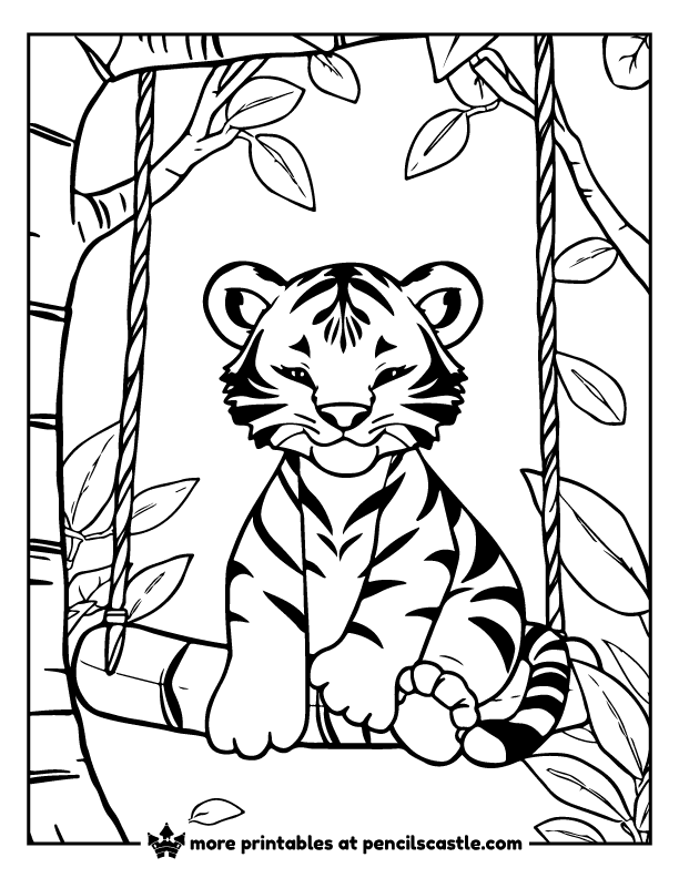 cute baby tiger cub sitting on a swing, surrounded by jungle leaves coloring sheet