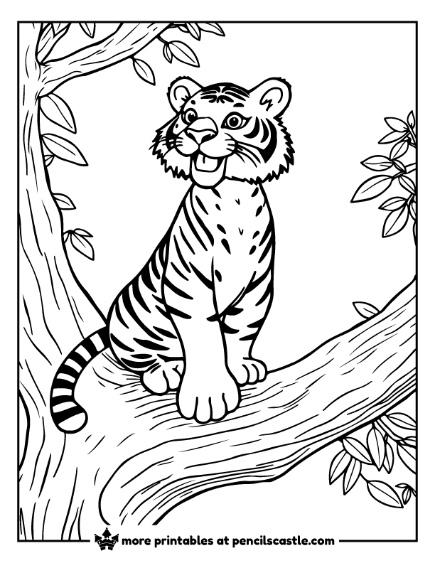 Tiger perched high up on a large tree limb coloring page