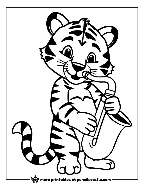 Musical tiger playing a saxophone coloring page