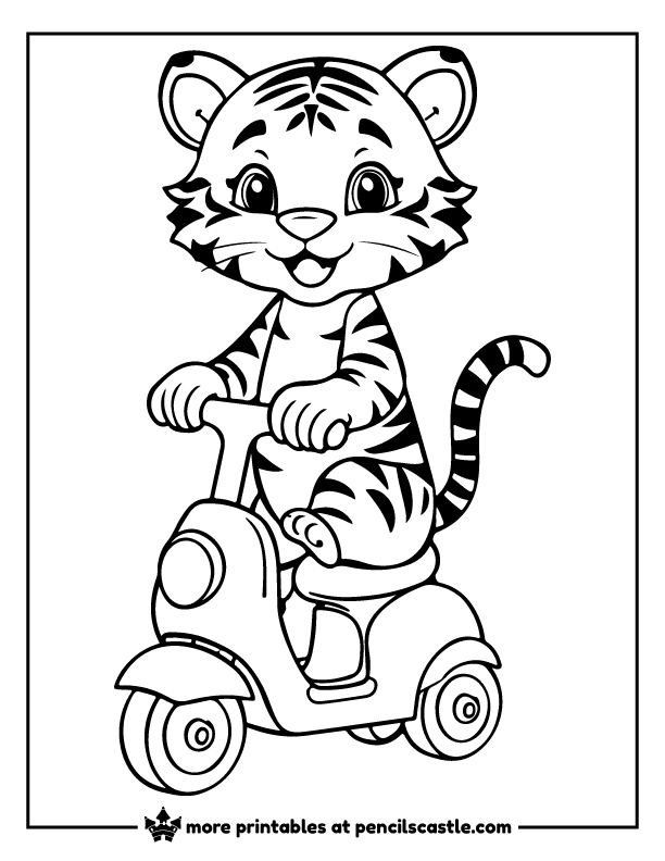 Silly tiger balancing on a child's toy scooter coloring page