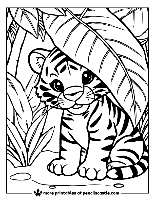 Tiger using a large tropical leaf as an umbrella coloring page