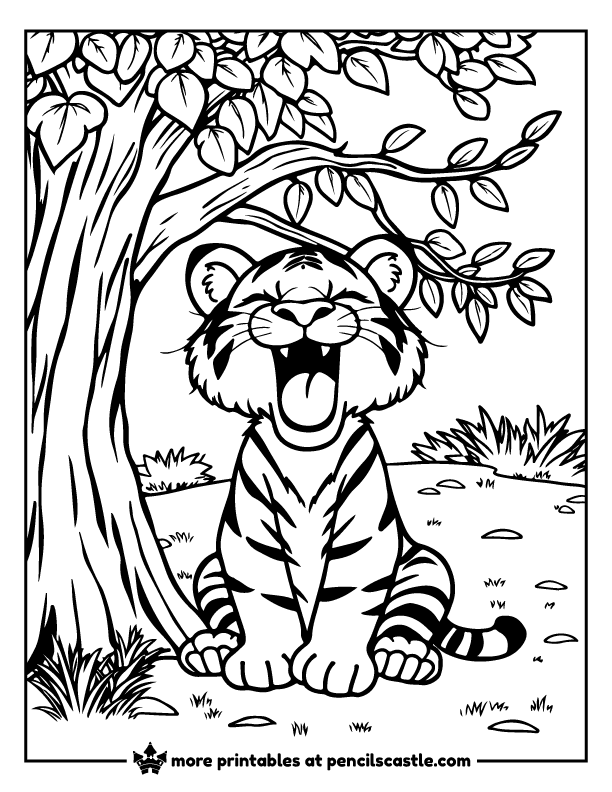 Tired tiger sitting under a tree and stretching its mouth open coloring sheet