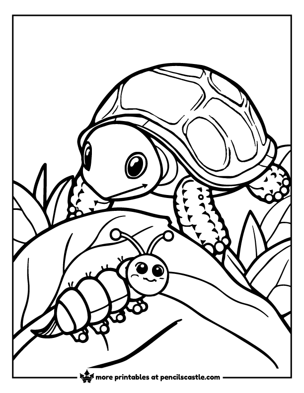 Cute turtle looking at a caterpillar crawling on a leaf coloring page
