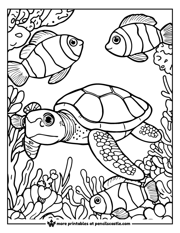 Sea turtle surrounded by clownfish in coral reef coloring page
