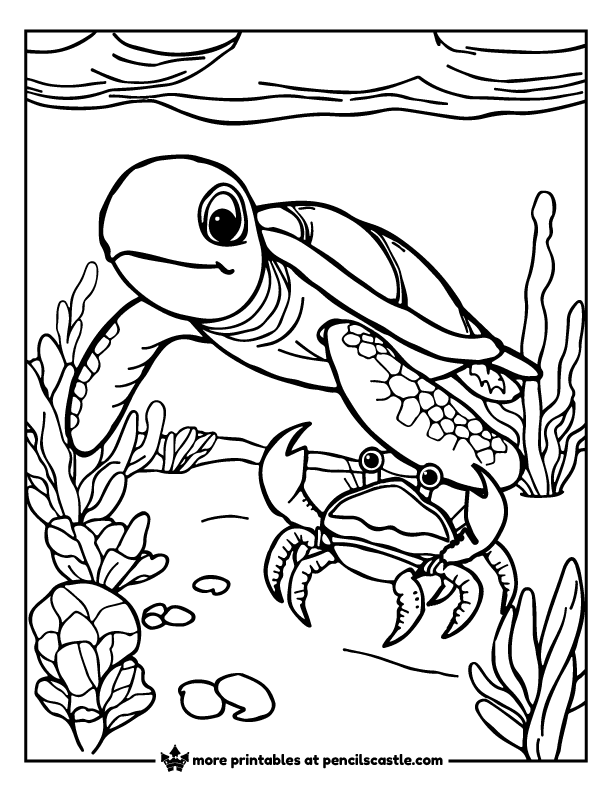 Sea turtle smiling while a crab walk along seabed coloring page