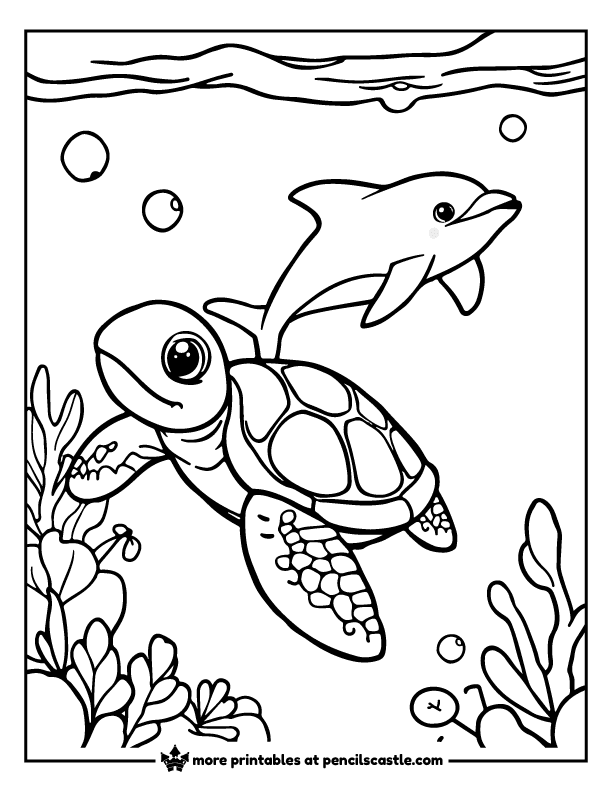 Sea turtle swimming beside a dolphin in the ocean coloring sheet
