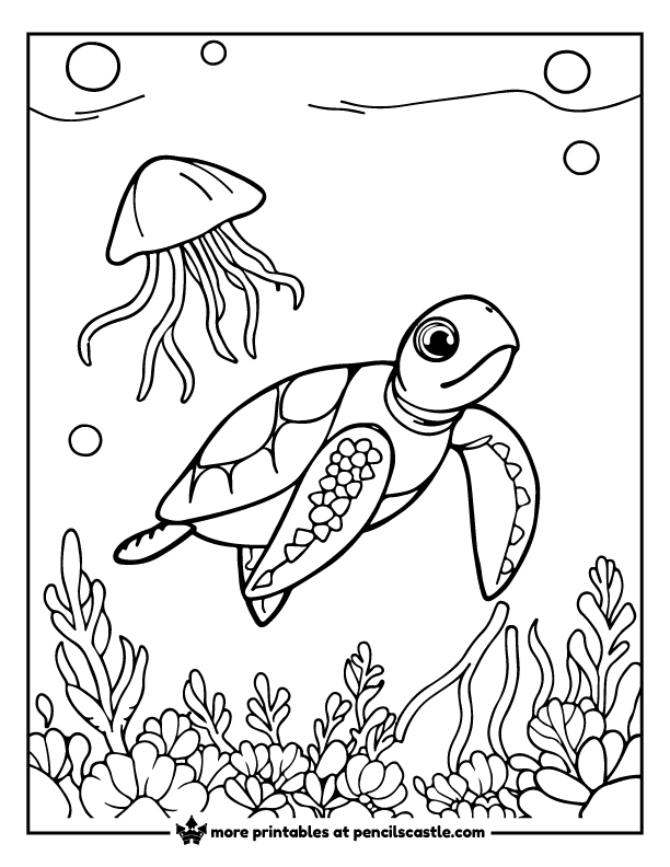 Sea turtle swimming next to floating jellyfish coloring sheet
