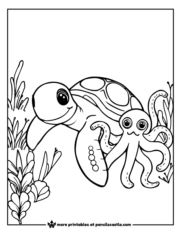 Sea turtle smiling next to a friendly octopus coloring page