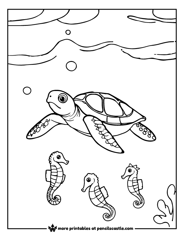 Sea turtle swimming alongside seahorses coloring sheet