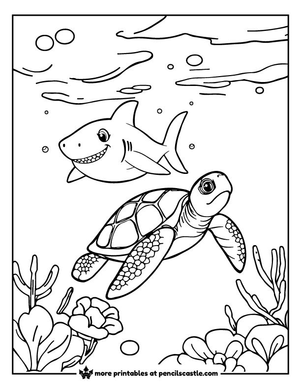 Sea turtle swimming beside a friendly shark coloring page