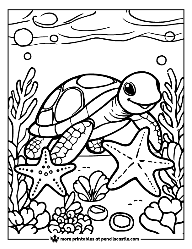 Happy sea turtle playing with starfish at the ocean floor coloring sheet