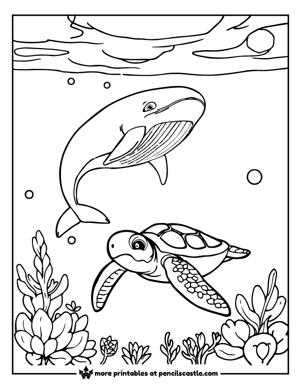 Sea turtle swimming near a whale in the ocean coloring page