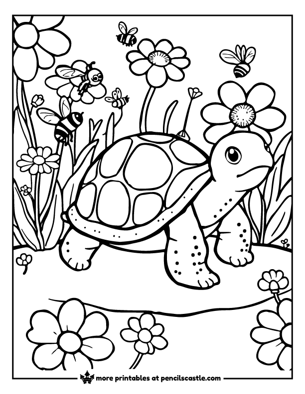 Cute turtle surrounded by buzzing bees and blooming flowers coloring page