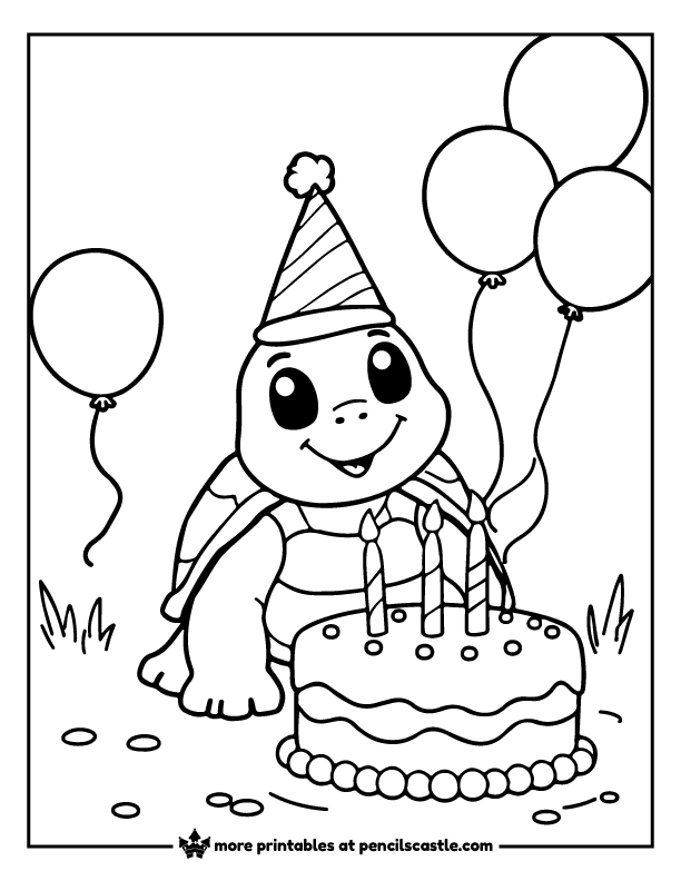 Turtle in a party hat with a birthday cake and balloons coloring page