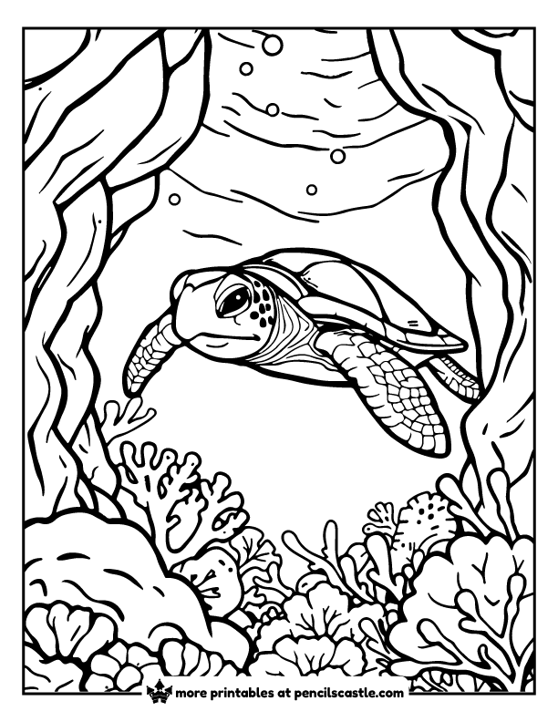 Sea turtle exploring a coral reef cave underwater coloring sheet
