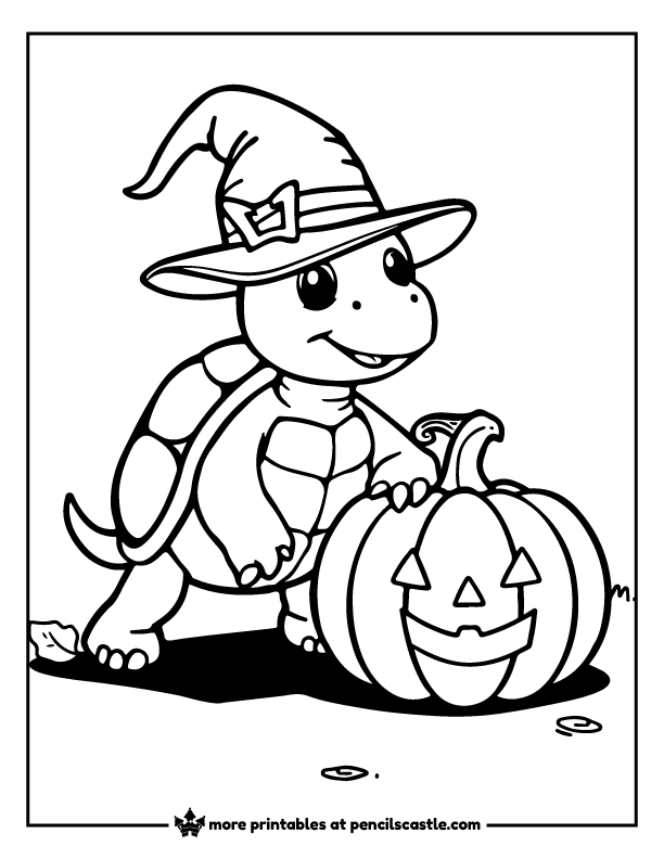 Turtle in a witch hat next to a jack-o’-lantern coloring sheet