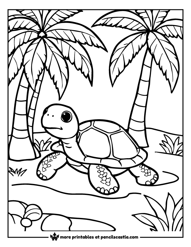 Turtle crawling near palm trees coloring sheet