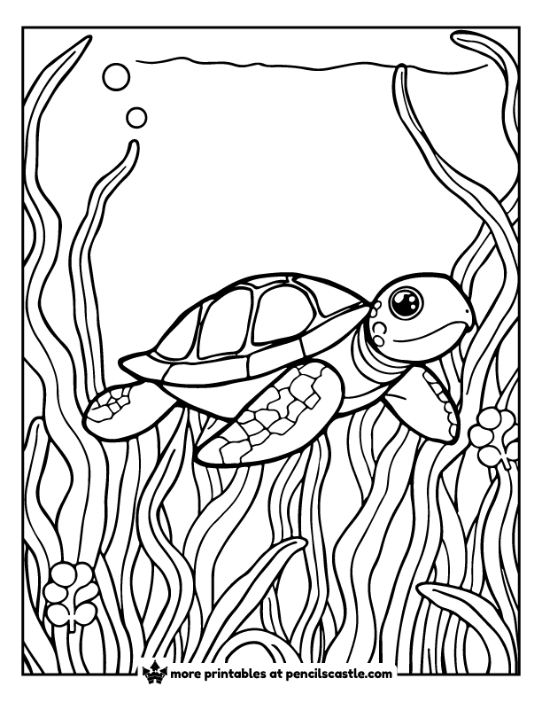 sea turtle swimming between tall seaweed plants coloring page