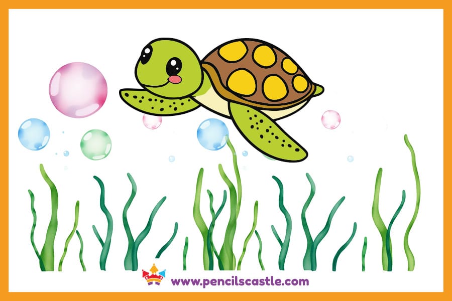 Turtle drawing surrounded by seaweed and bubbles