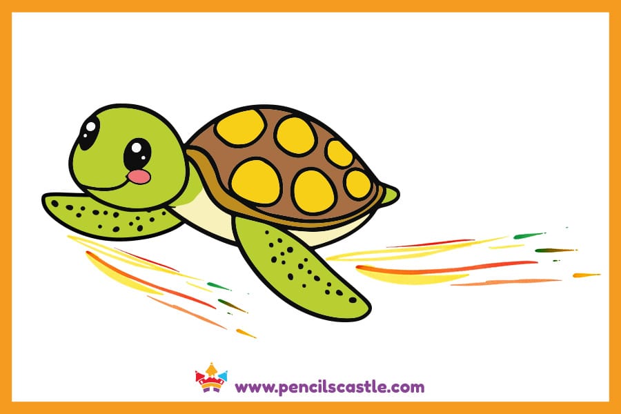 drawing of a turtle swimming fast, with speed lines trailing behind its flippers
