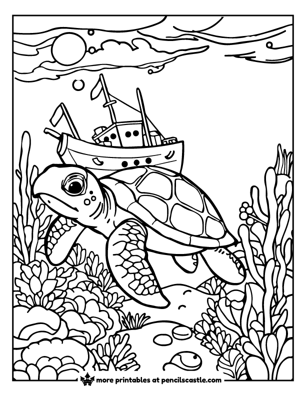 Sea turtle exploring a sunken pirate ship underwater coloring sheet