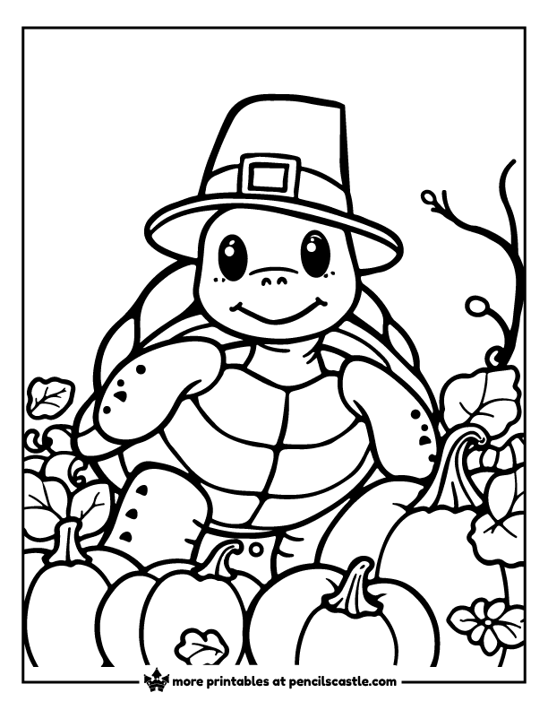 Turtle in a pilgrim hat surrounded by pumpkins coloring page