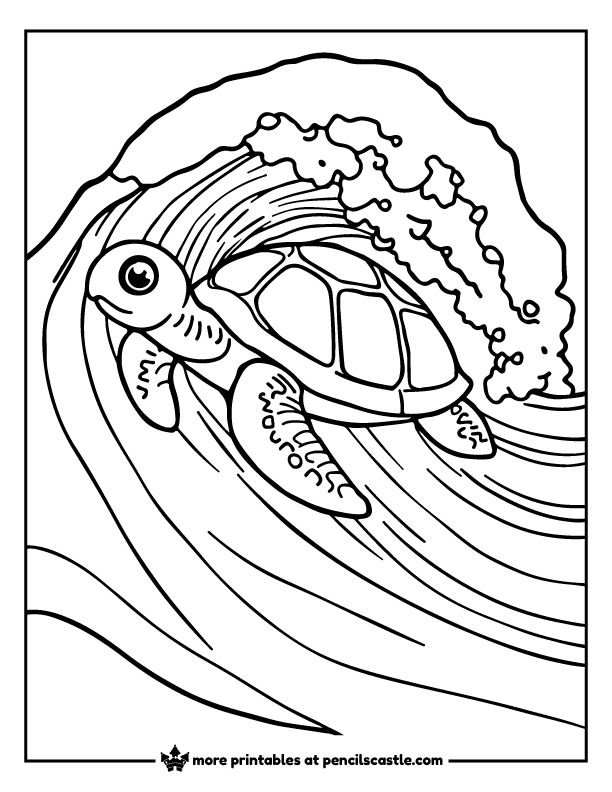 sea turtle on a rolling ocean wave coloring page