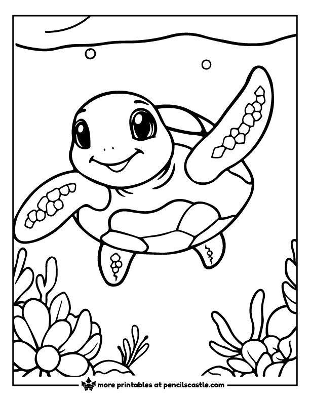 Cute smiling sea turtle waving its flipper underwater coloring page