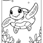Cute smiling sea turtle waving its flipper underwater coloring page