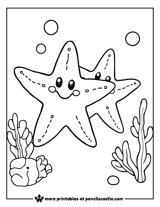 Pair of cute, smiling sea stars swimming coloring page