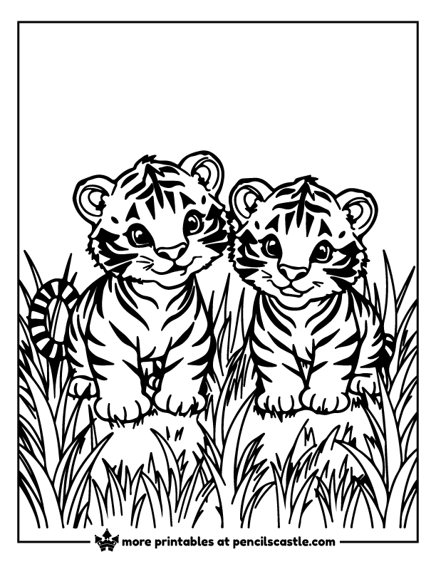 Pair of adorable young tiger siblings playing in the grass coloring page