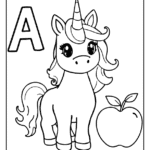 unicorn standing next to the letter A and an apple coloring page
