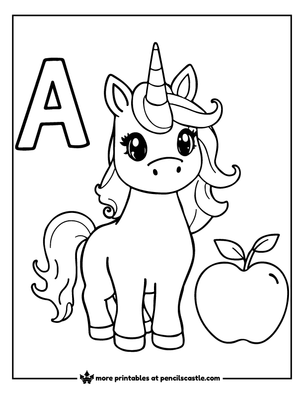 unicorn standing next to the letter A and an apple coloring page
