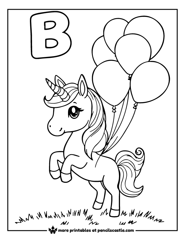 unicorn coloring page with Letter B and balloons
