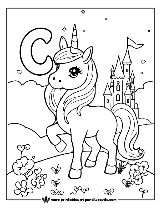 unicorn standing by a castle with letter C and flowers coloring page