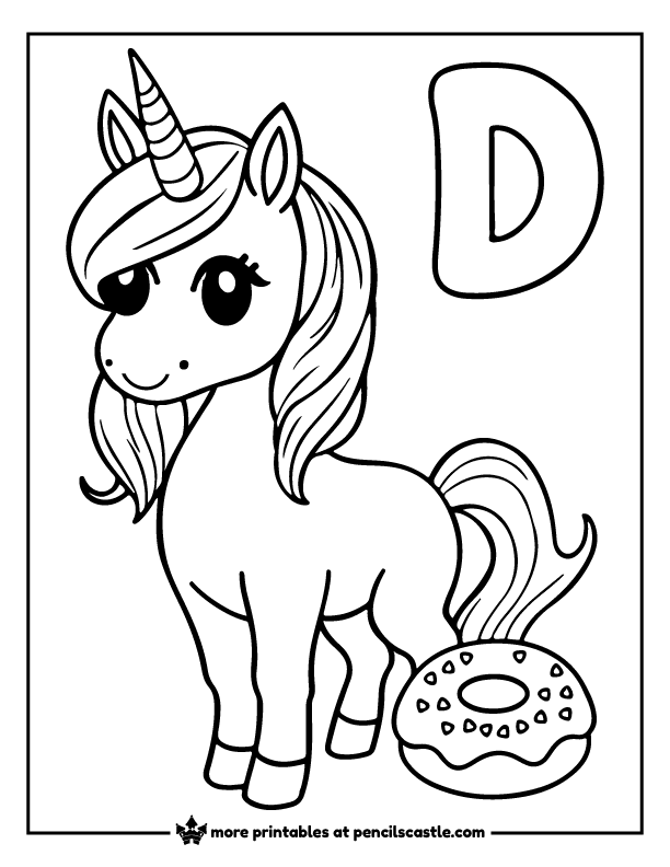 unicorn next to letter D and a donut coloring page