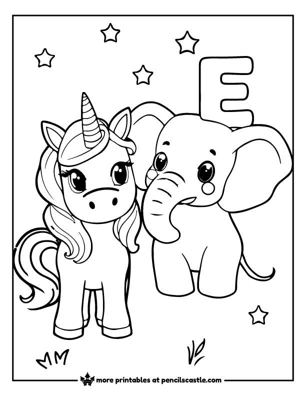 unicorn next to a baby elephant with letter E and stars coloring page
