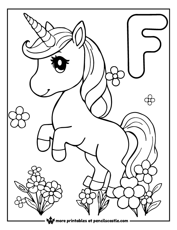 cute unicorn standing among flowers with letter F coloring page