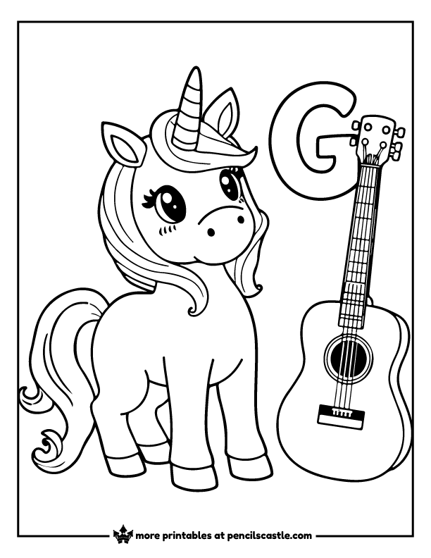 cute unicorn next to a guitar and letter G coloring page