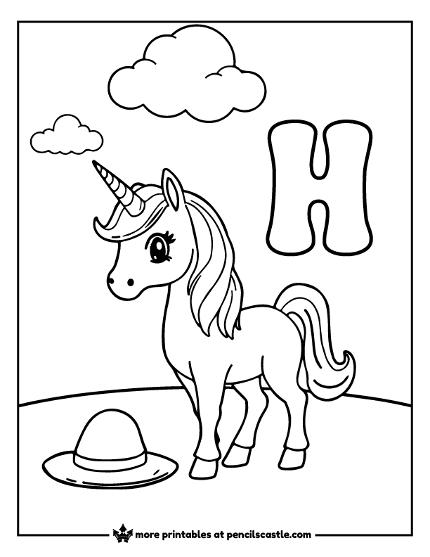 unicorn next to letter H with a hat and clouds coloring page
