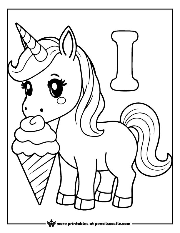 unicorn enjoying an ice cream cone with letter I coloring page