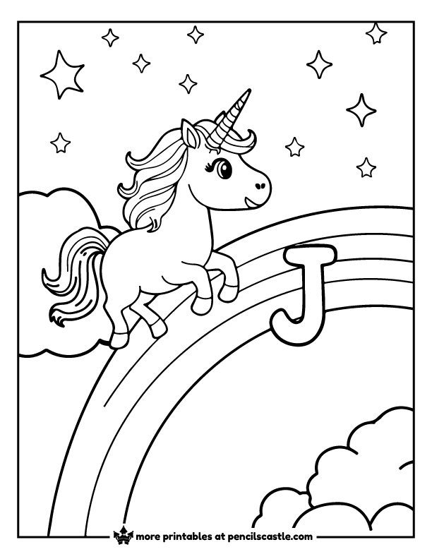 unicorn jumping over rainbow with letter J, stars, and clouds coloring page