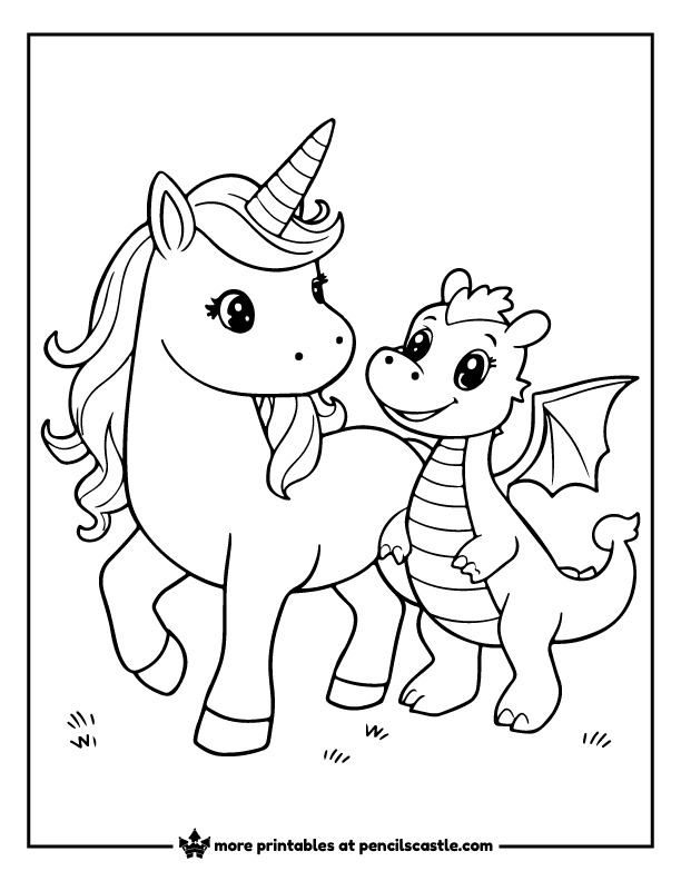 unicorn next to a cute baby dragon coloring page