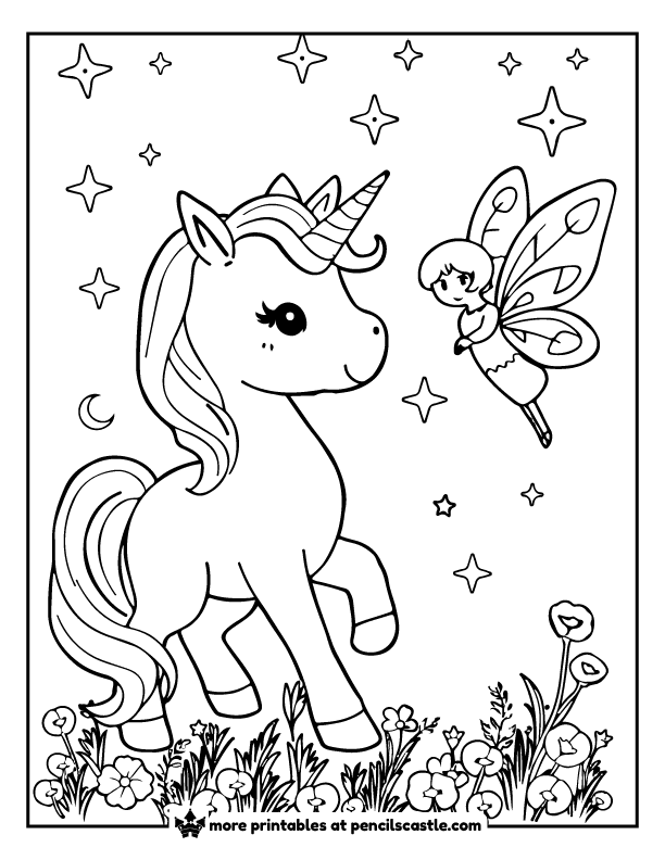 unicorn and a fairy with sparkles and flowers coloring page
