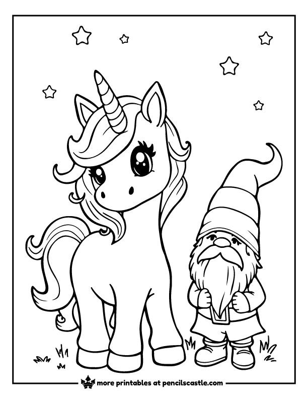 cute unicorn next to a gnome with stars coloring page