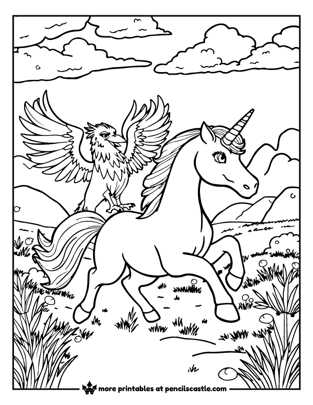 unicorn running beside a griffin in a grassy field with clouds coloring page