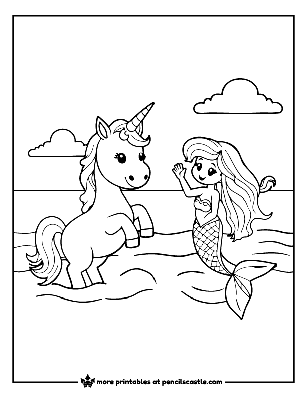 unicorn and a mermaid waving at each other at the ocean coloring page