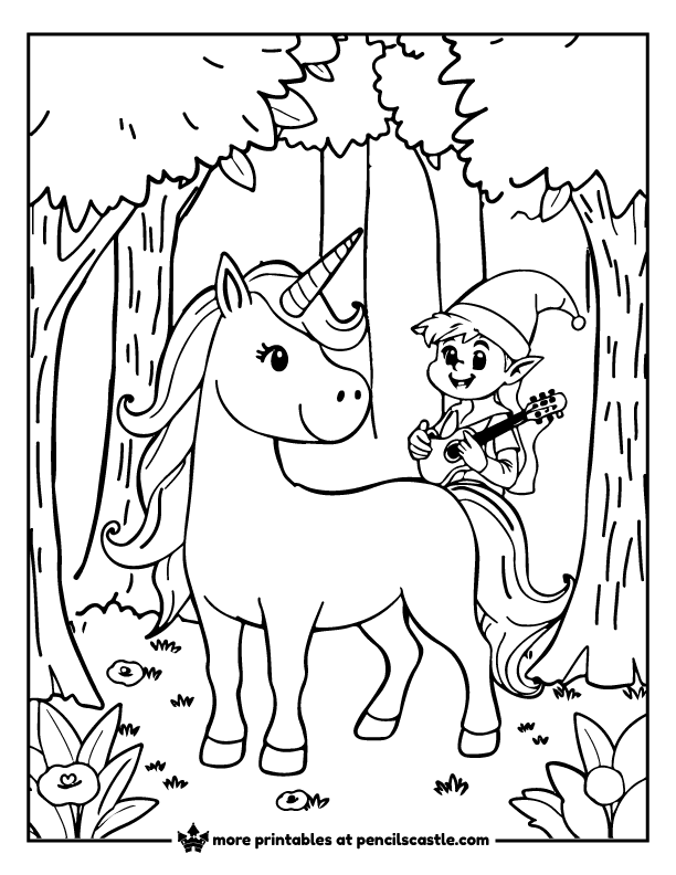 unicorn and an elf holding a guitar in the woods coloring page