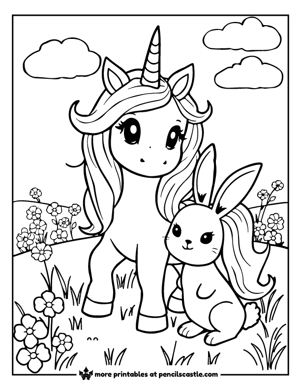 unicorn and bunny coloring page with flowers and clouds